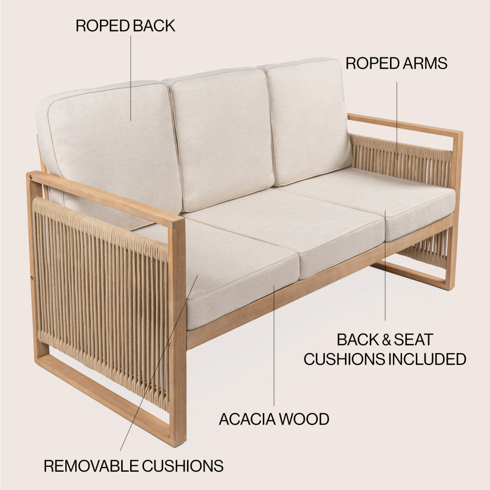 Gable 3-Seat Mid-Century Modern Roped Acacia Wood Outdoor Sofa With Cushions