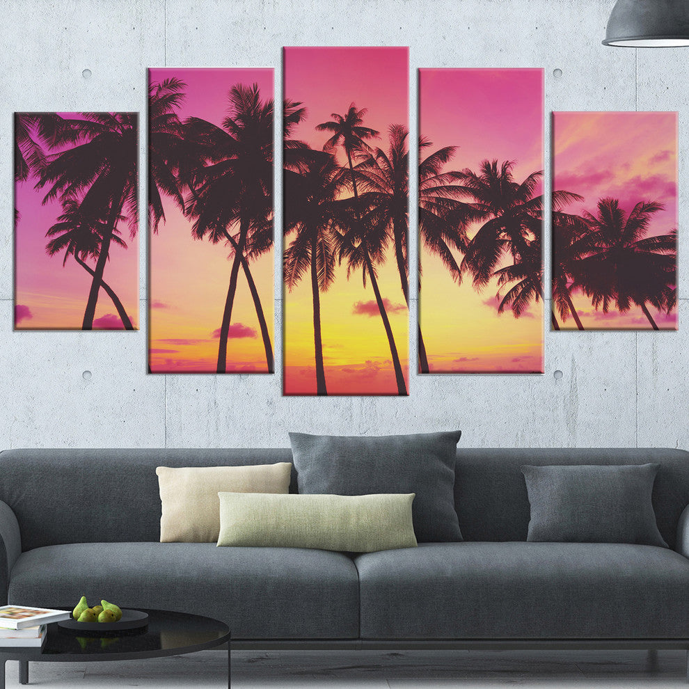 "Row of Beautiful Palms Under Magenta Sky" Wall Art Landscape, 5 Panels, 60"x32"