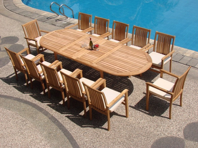 9-Piece Outdoor Teak Dining Set, 117" Oval Table, 8 Cahyo Stacking Arm Chairs