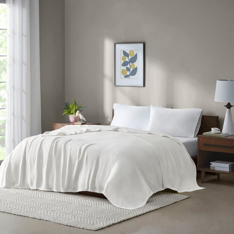 Madison Park Freshspun Basketweave All-Season Bedding Blanket, Cream