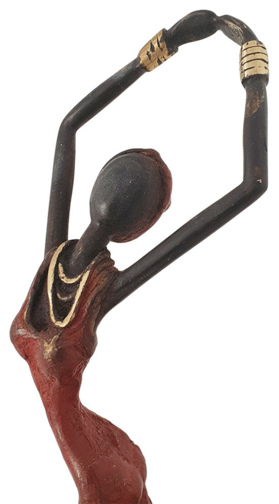 Vintage Hand Cast Bronze Statue of a Dancing African Woman, Red Dress