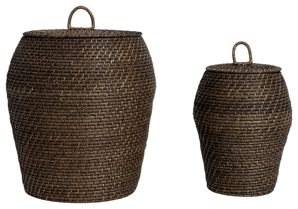 Rattan Wicker Storage Basket With Lid, Washed Black Finish, Set of 2
