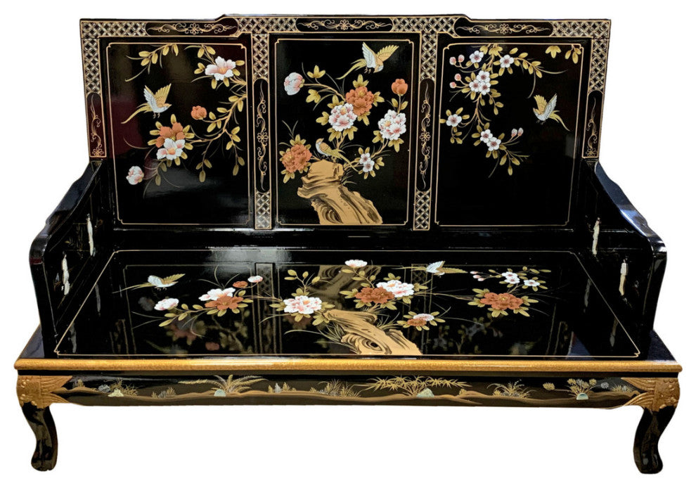 Asian Black Lacquer Dragon Leg Sofa With Silk Cushion