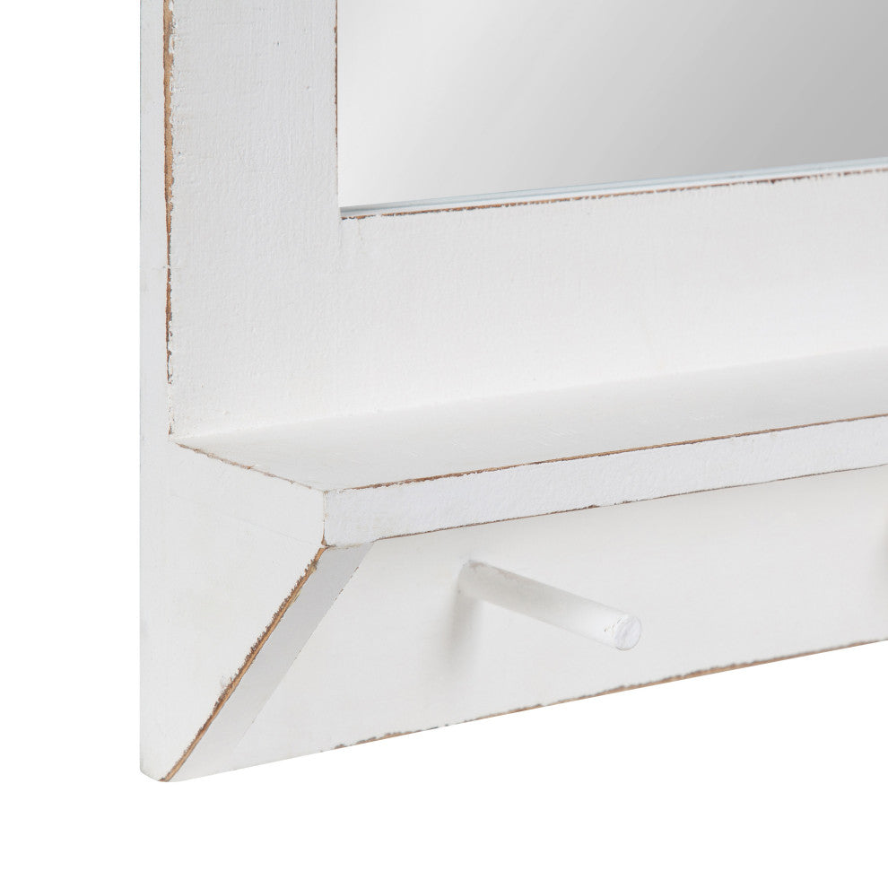 Cates Framed Wall Mirror with Shelf and Hooks, White 42x27