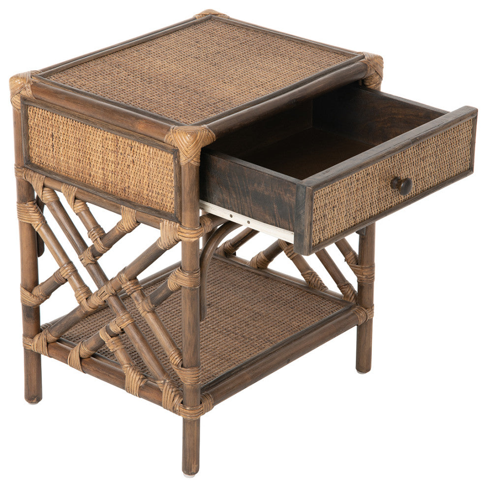 Rattan Chippendale Bedside Table, Natural, Antique Brown