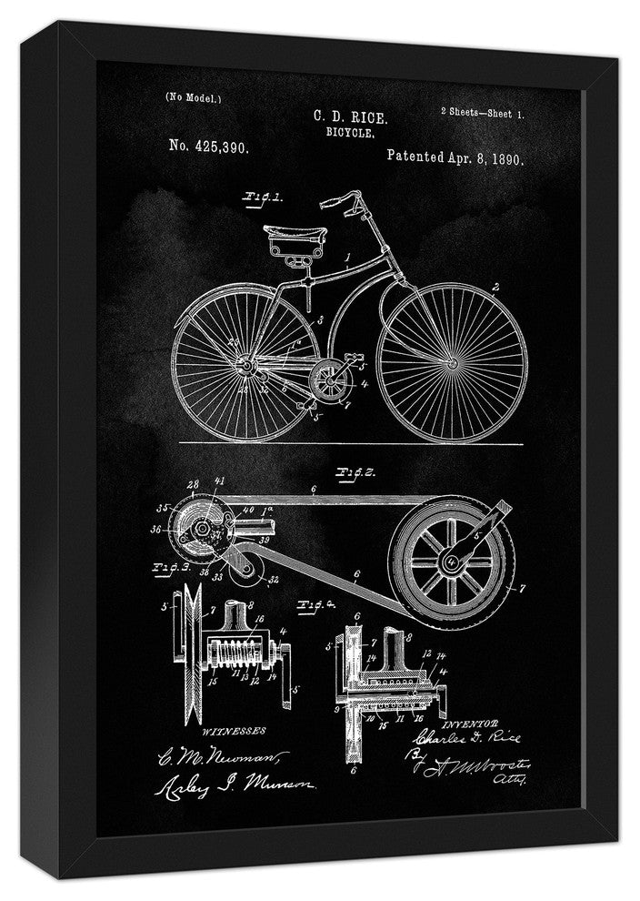 Bike Patent on Black 12x18 Black Framed Print on Canvas