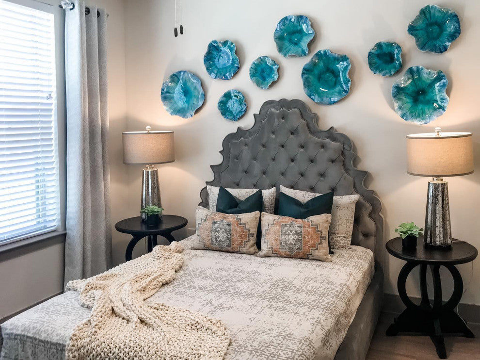 Turquoise Aqua Lily Pad Wall Art, 3-Piece Set, Flower Sculpture Blue Hanging