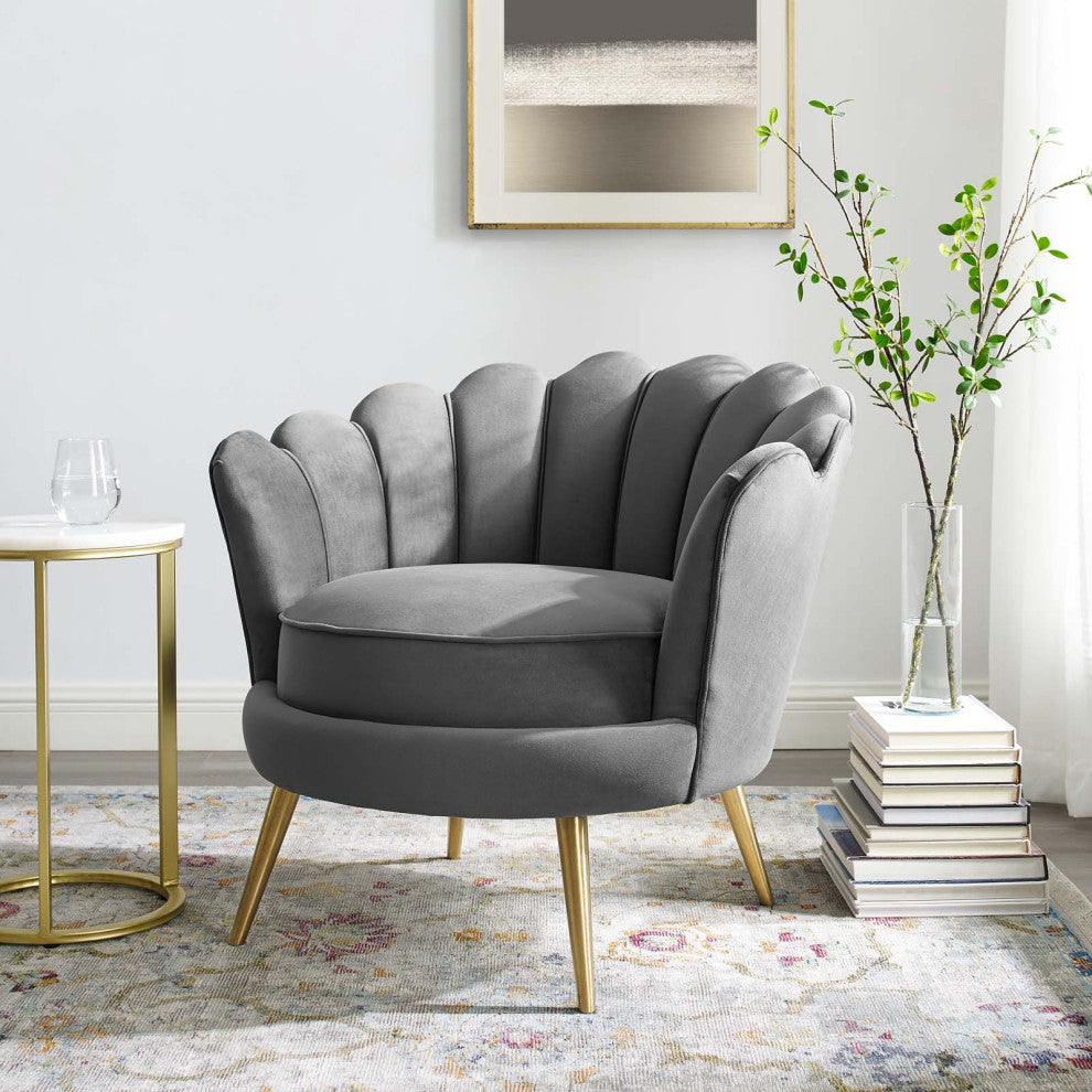 Lounge Accent Side Chair Armchair, Velvet Fabric Metal Steel, Grey Gray