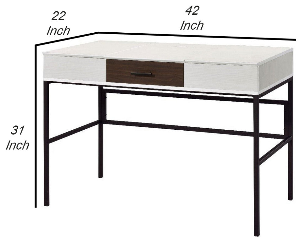 Benzara BM250200 Writing Desk With 2 Hinged Top Storage, White and Black