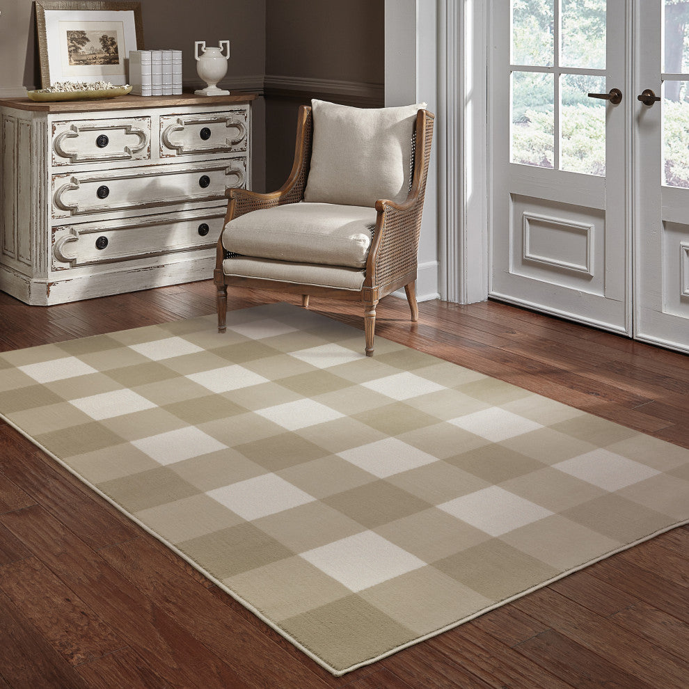Garson Geometric Squares Area Rug, Beige, 6'7"x9'2"