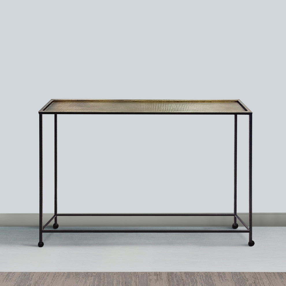 48" Console Sofa Table Bronze Tray Top Industrial Iron Frame Black Brown