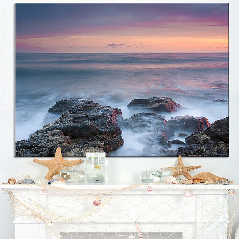 "Blue Rocky Sea Beach Sunset" Modern Landscape Wall Art Canvas, 32"x16"