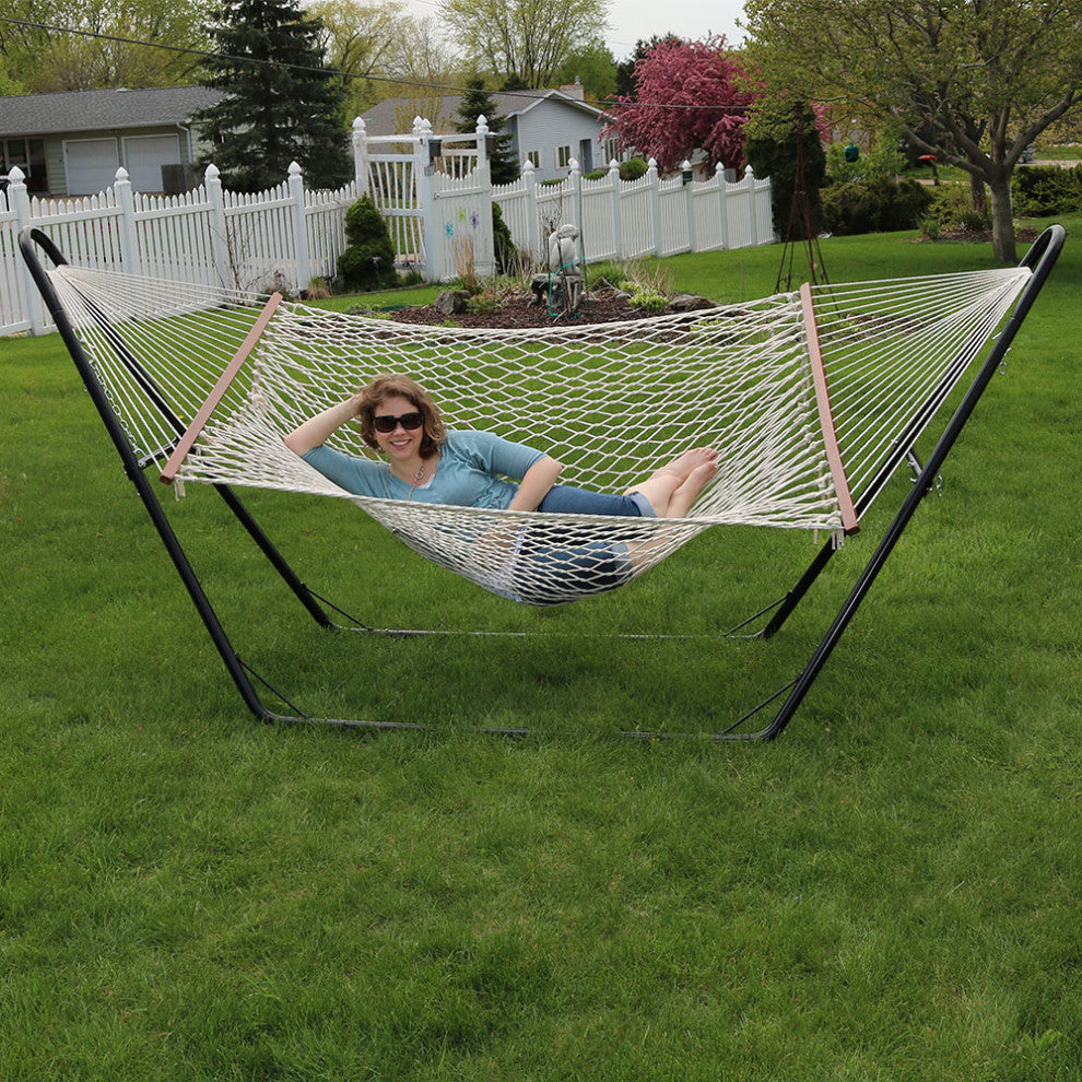 Sunnydaze 2-Person Cotton Rope Hammock With Spreader Bars and Universal Stand