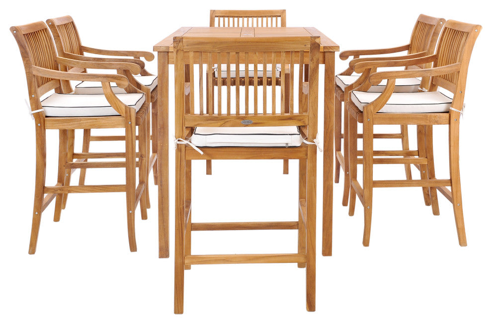 7 Piece Teak Wood Castle 63" Rectangular Bistro Bar Set, 6 Barstools with Arms