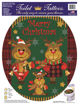 Reindeer Family Toilet Tattoos Seat Cover, Vinyl Lid Decal, Christmas Bathroom, Round