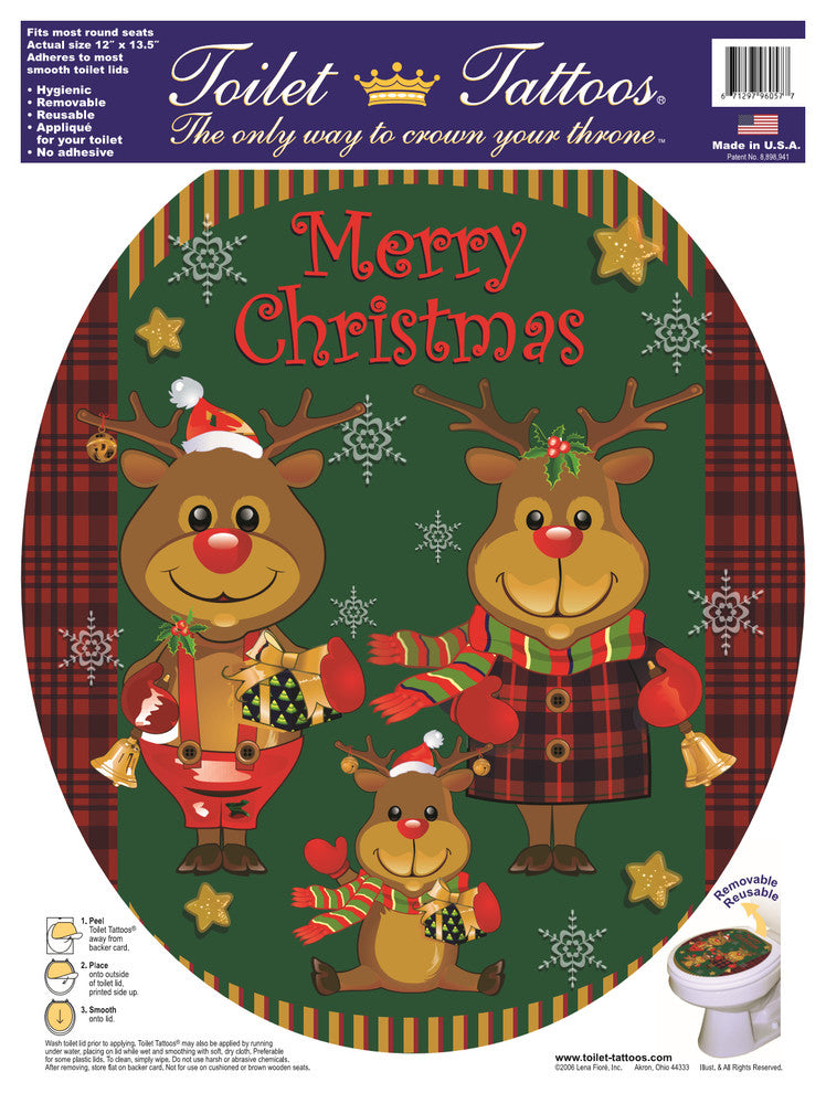 Reindeer Family Toilet Tattoos Seat Cover, Vinyl Lid Decal, Christmas Bathroom, Round