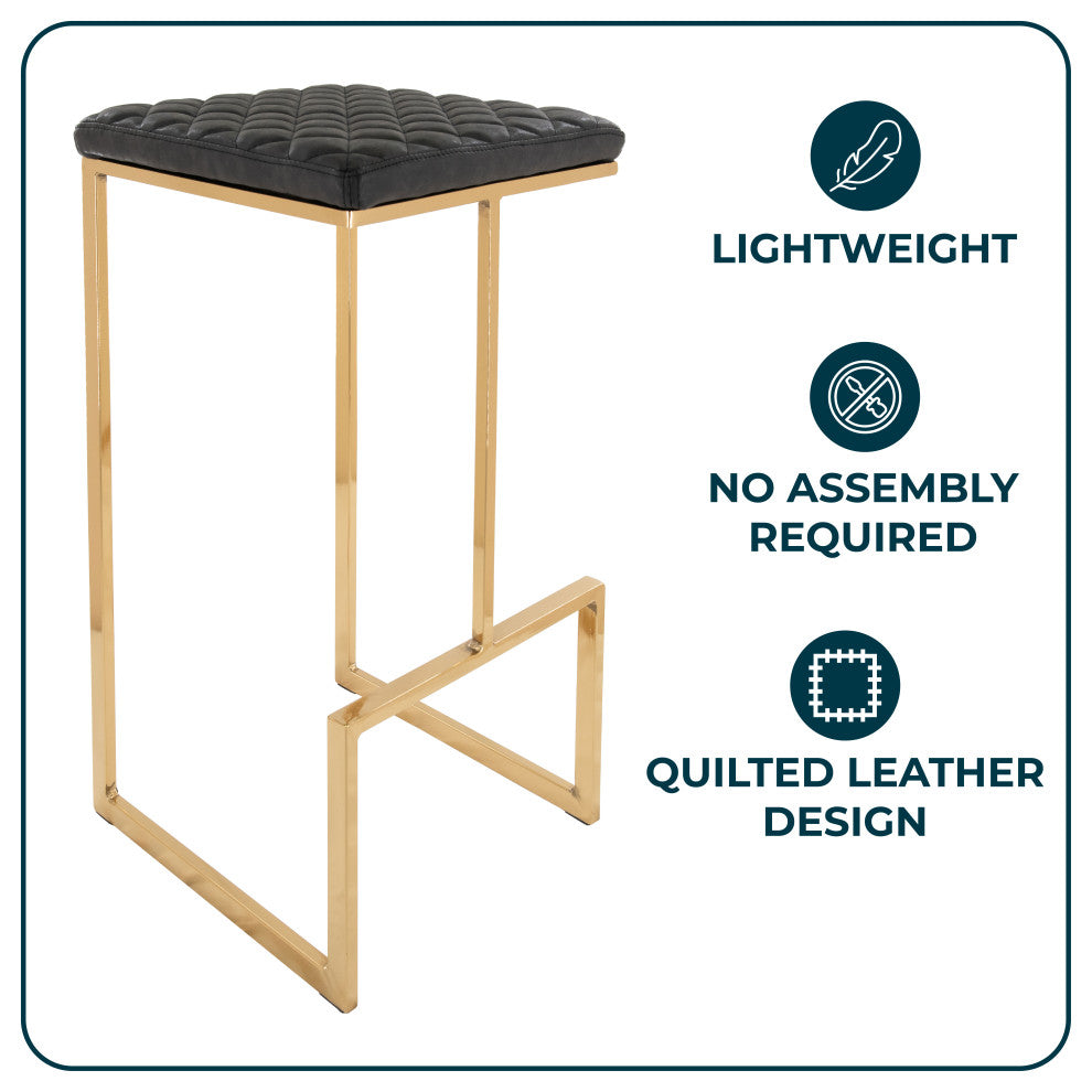 LeisureMod Quincy Quilted Stitched Leather Bar Stools With Gold Metal Frame