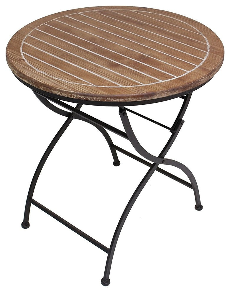 French Cafe Bistro Folding Table, Black Metal Frame, Wood Round Top