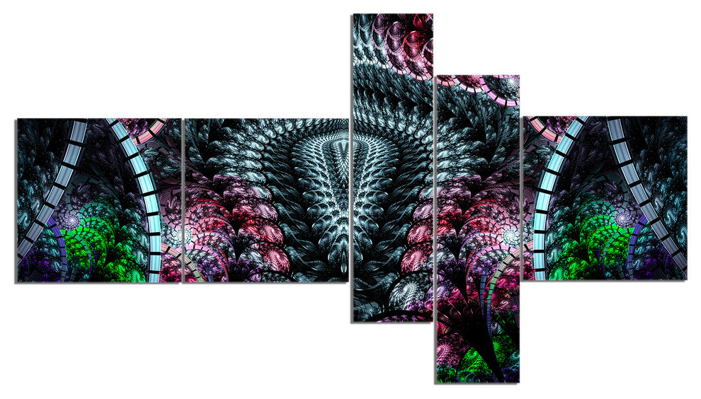 Strange Fractal Design on Black, Abstract Wall Art Canvas, 60"x32", 5 panels