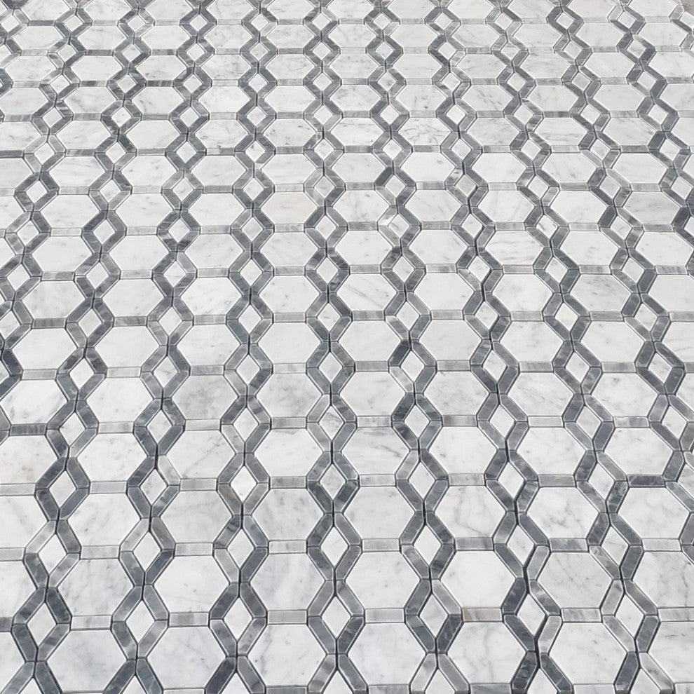 Carrara White Bardiglio Gray Marble Hollywood Hexagon Mosaic Tile, 1 sheet