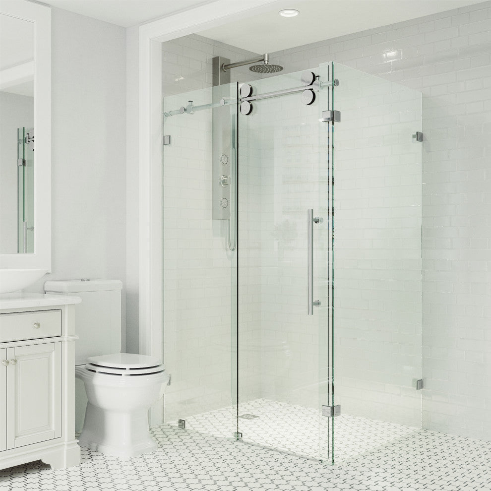 VIGO Winslow Frameless Sliding Shower Enclosure, Chrome, 35" D X 46" W X 74" H, Without Base