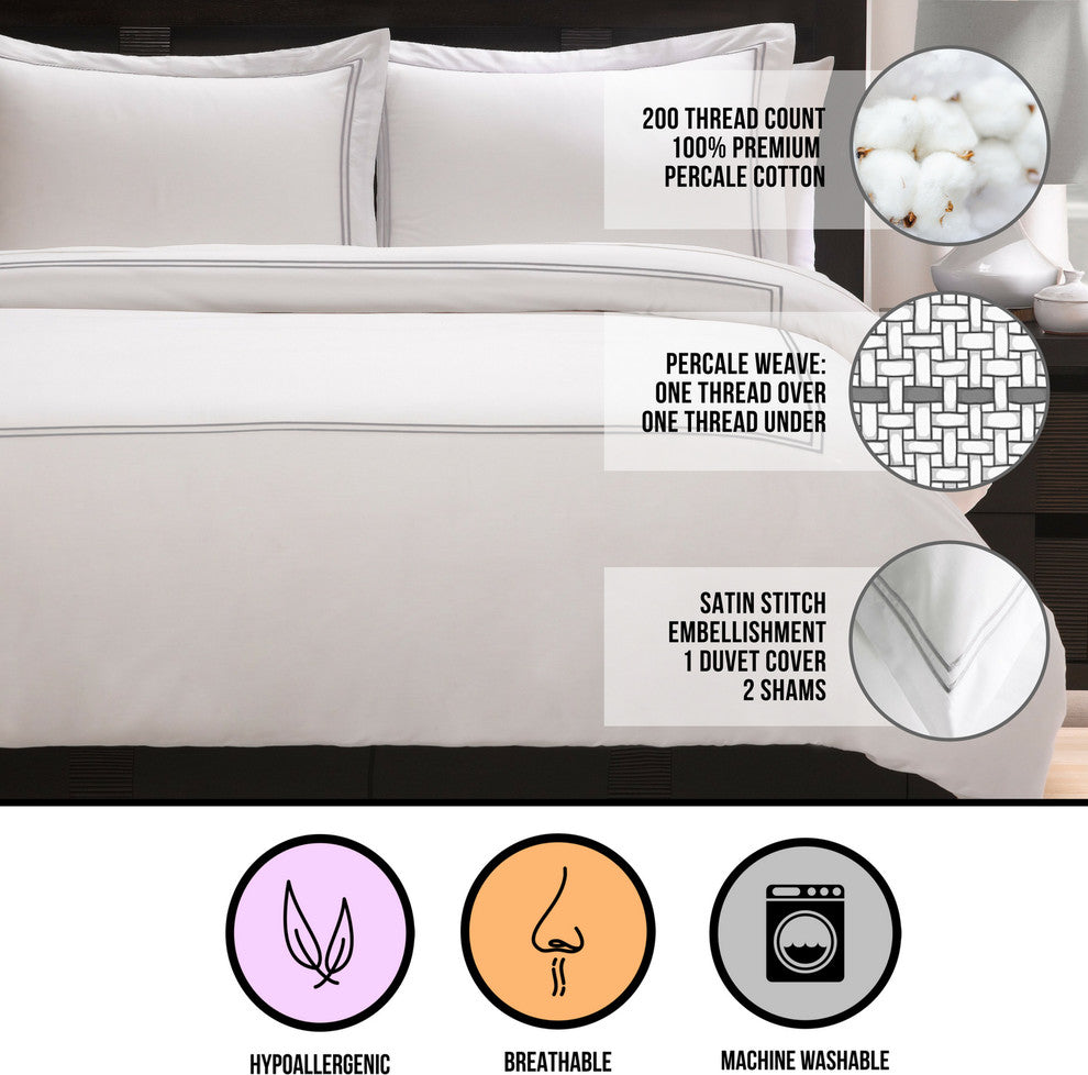 Satin Stitched 100% Cotton Percale Duvet Set, King, Cal King, Black