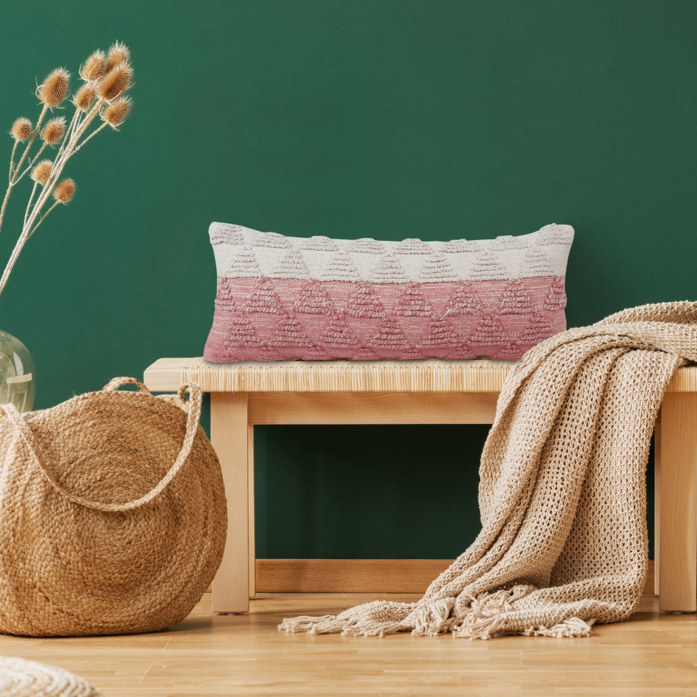 Textured Pyramids Color Block Cotton Throw Pillow, Pink, 14"x36"