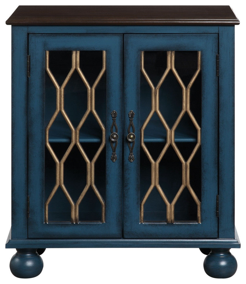 Benzara BM251333 Console Table With Trellis Pattern Door/1 Shelf, Antique Blue