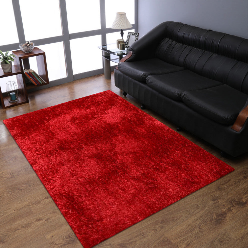 HAND TUFTED SHAG POLYESTER ECO-FRIENDLY AREA RUGS, Red Color, Solid Design