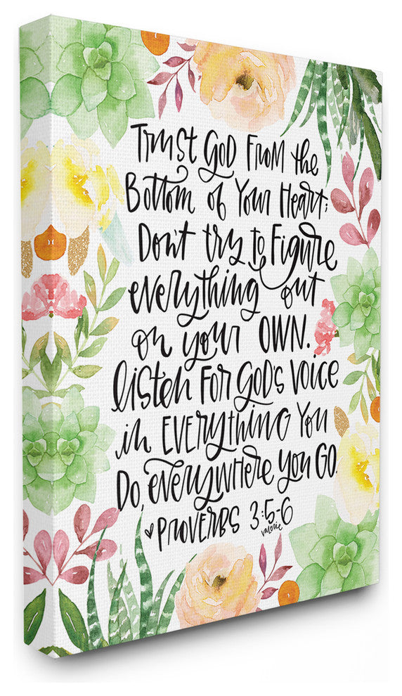 Trust In God Floral Succulents Cursive Hand Lettered Stretched Canvas, 30"x40"