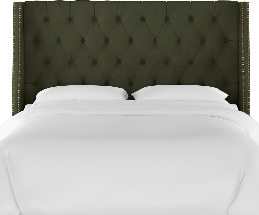 Williams King Nail Button Tufted Wingback Headboard, Velvet Loden