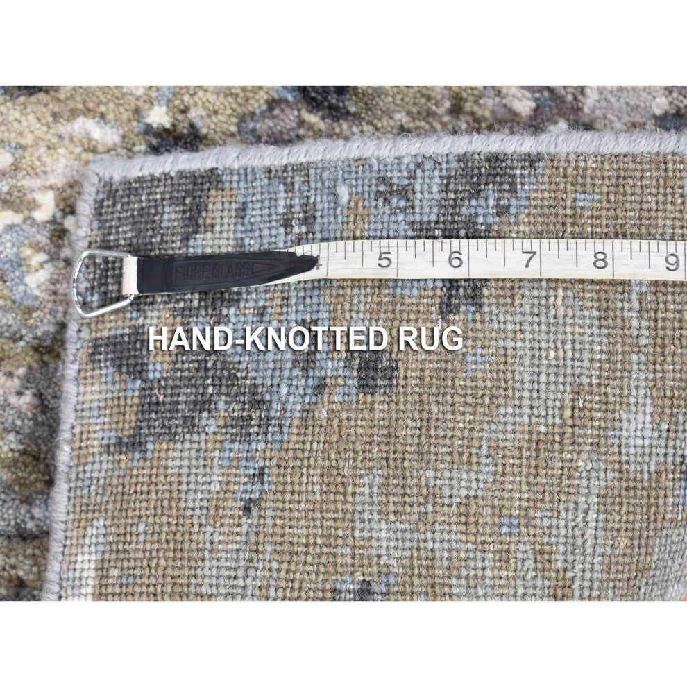 Gray, Pure Wool Modern Abstract Design, Hand Knotted, Runner Rug, 2'6"x12'1"
