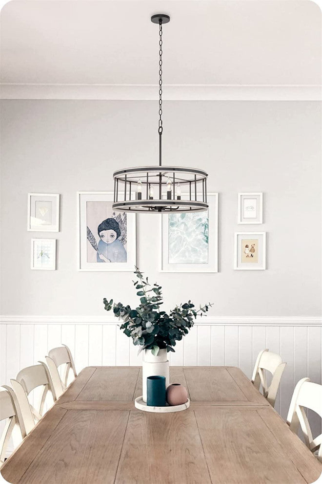 4 Light Farmhouse Chandelier Drum Pendant Light Fixture With White Wood Style