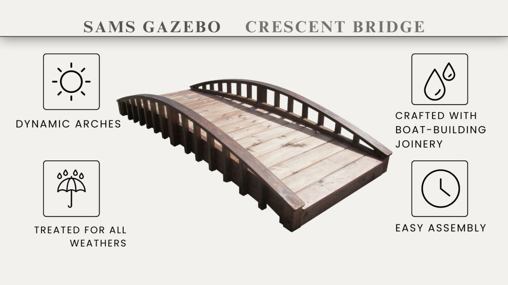 SamsGazebos Japanese Crescent Wood Garden Bridge 8 ft