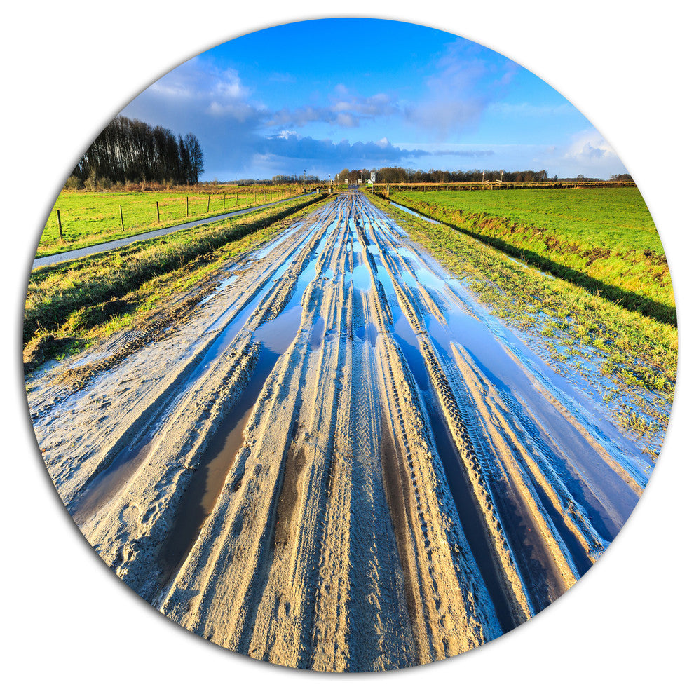 Muddy Sand Lane On Sunny Day, Landscape Disc Metal Artwork, 11"