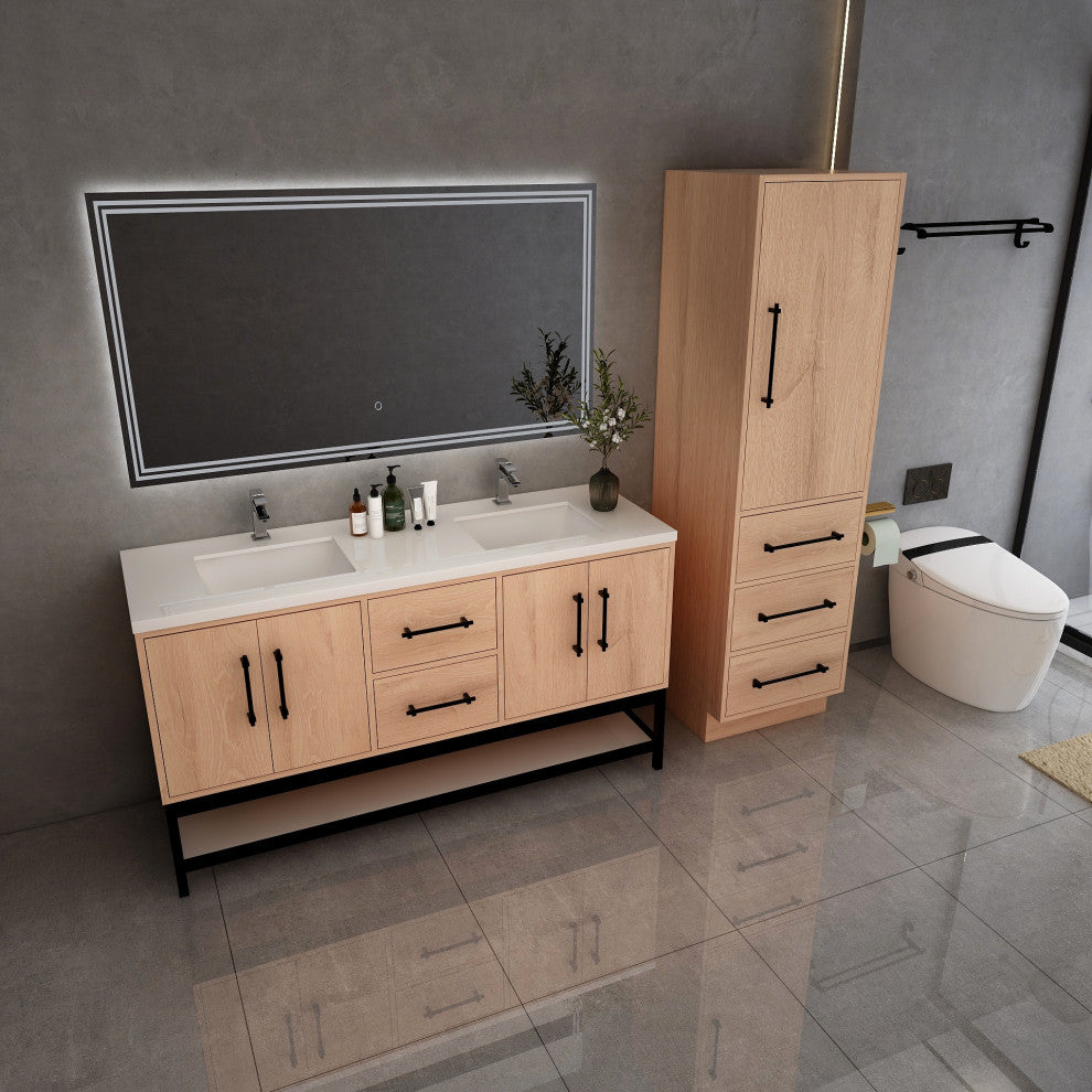 Victoria 60'' Solid Wood Open Shelf Bath Vanity Double Sink, Red Oak