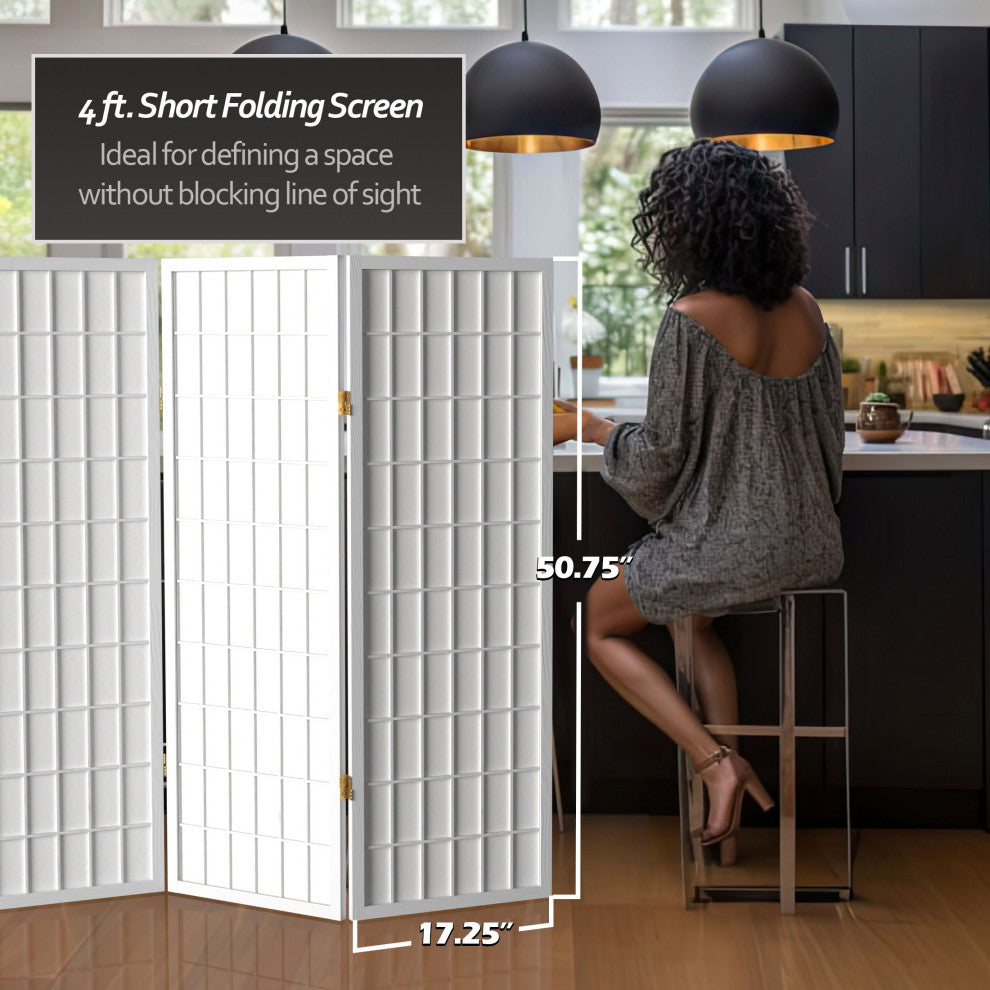 4' Tall Window Pane Shoji Screen, White, 8 Panels