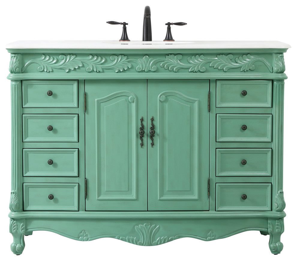 48" Single Bathroom Vanity, Vintage Mint With Ivory White Quartz