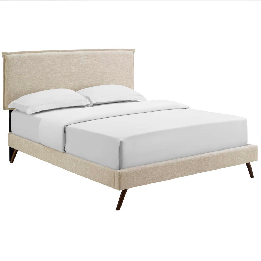 Beige Amaris Queen Fabric Platform Bed with Round Splayed Legs