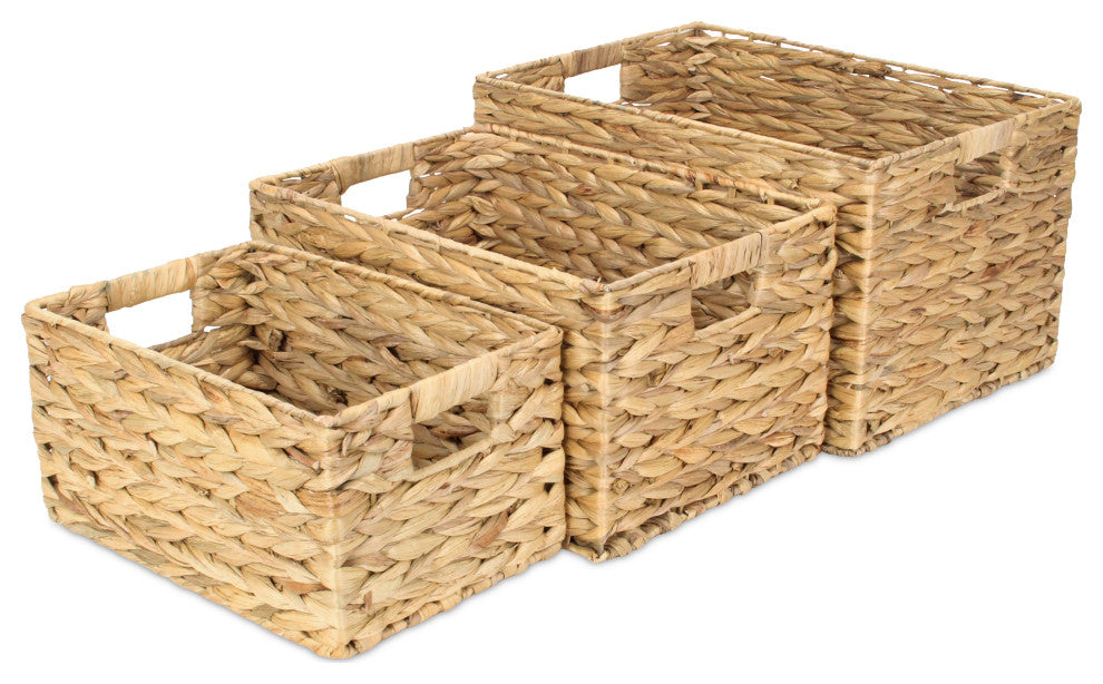 3-Piece Rectangular Water Hyacinth Basket With Round Edge