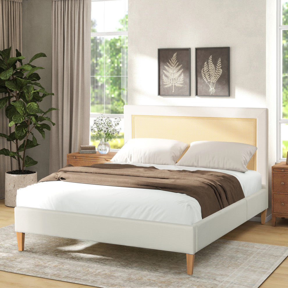 Haley Upholstered Cane-Back Platform Bed, Snow White Polyester, Queen