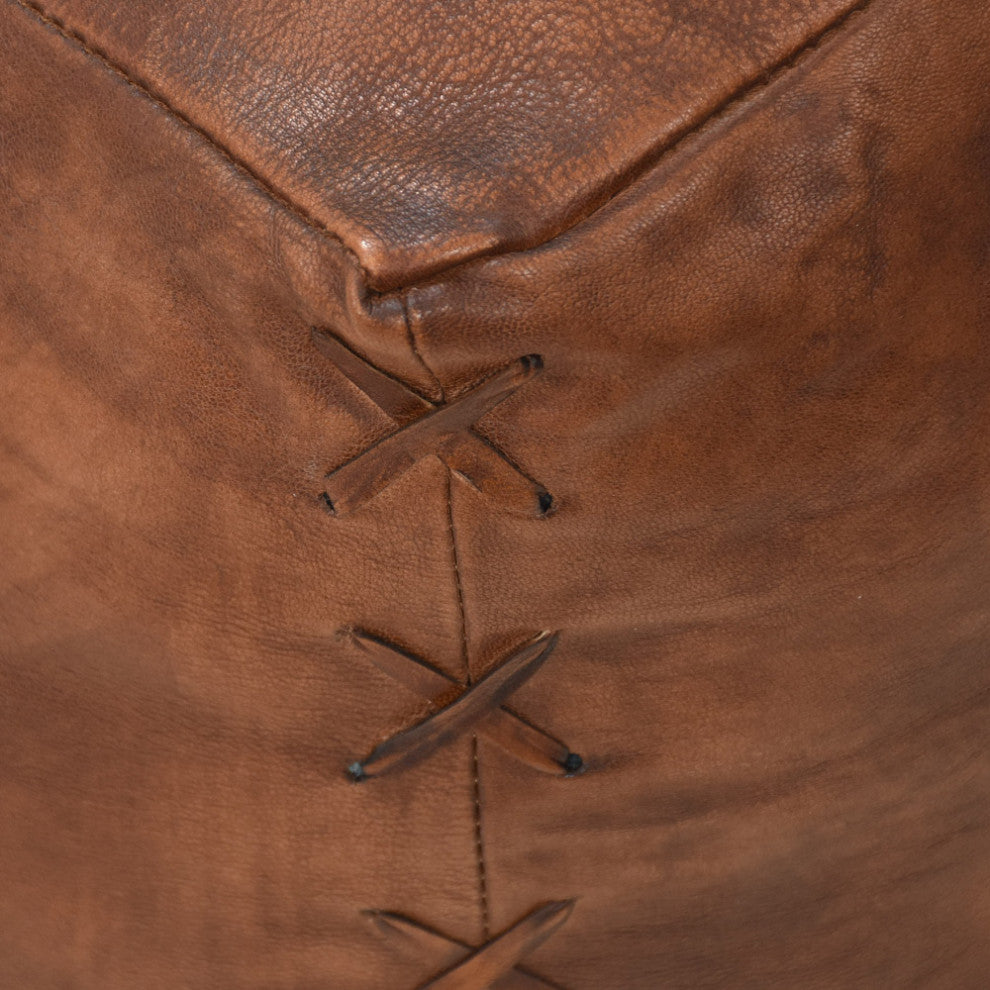 Handmade Leather Square Pouf (Recycled Foam with Fibre Fill) Antique Brown Color, 14x14x14