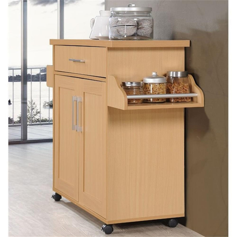 Hodedah Kitchen Island with Spice Rack plus Towel Holder in Beige Wood