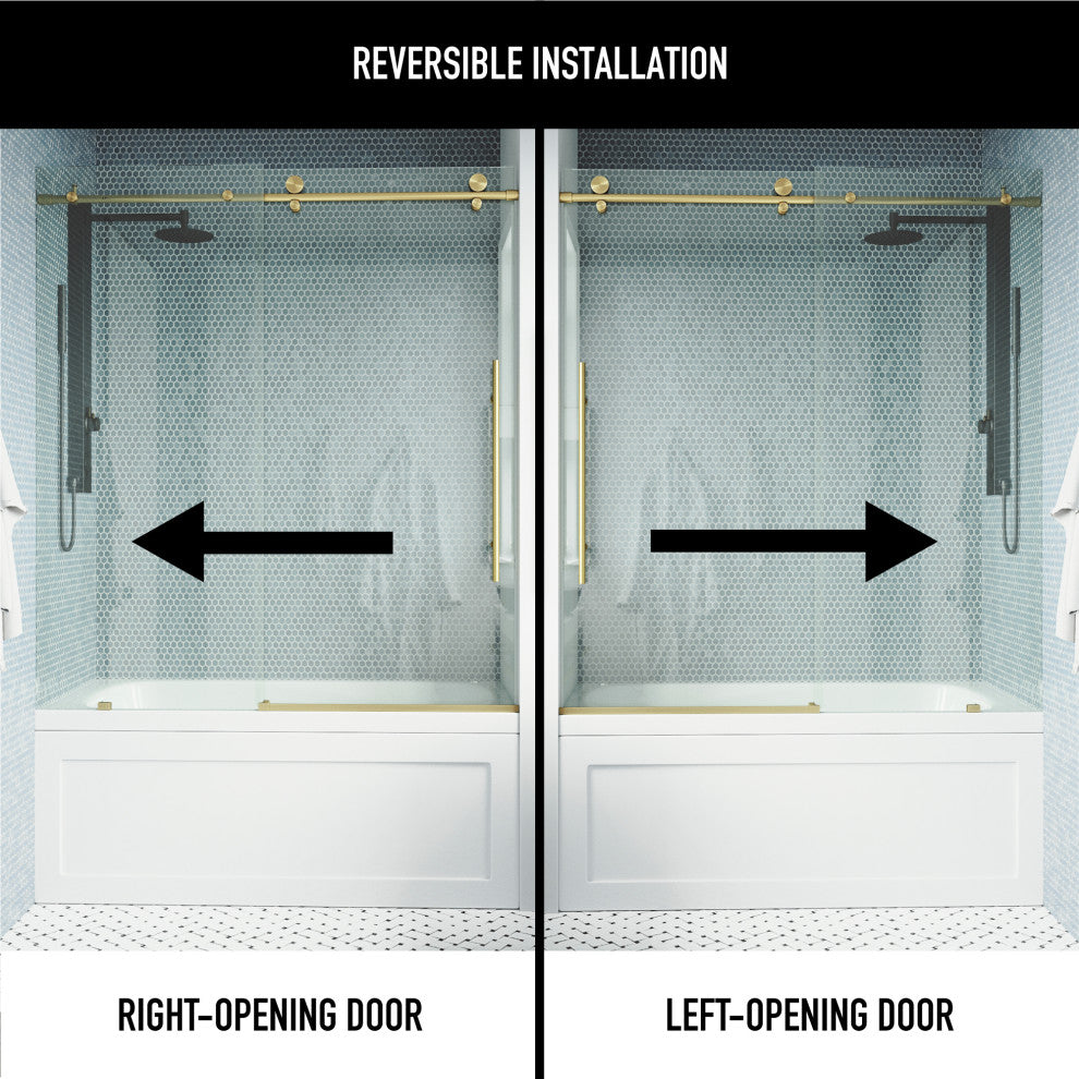 VIGO Elan E-Class 56" to 60" W x 66" H Frameless Sliding Tub Door, Matte Gold, Clear Glass