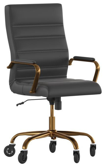 Whitney High Back Executive Swivel Office Chair with Black Frame & Arms, Black Leathersoft/Gold Frame