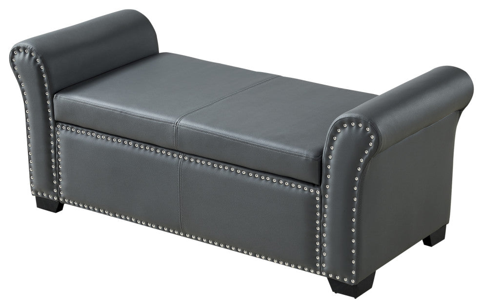 Veber PU Leather Nailhead Trim Storage Ottoman Bench, Gray