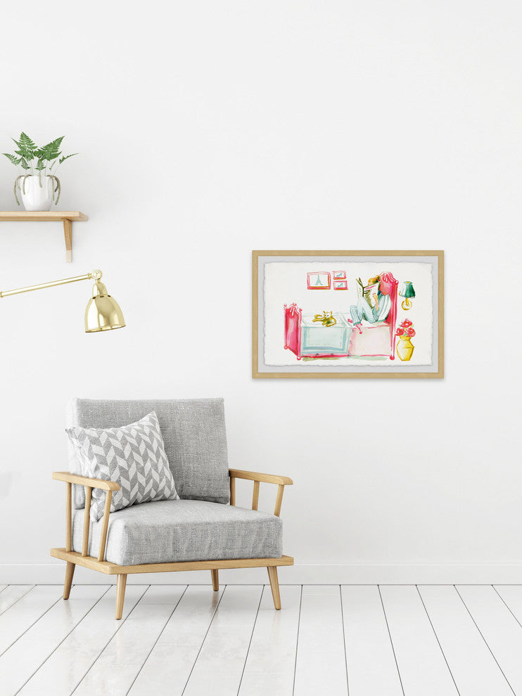 "Reading with the Cat" Framed Painting Print, 18"x12"
