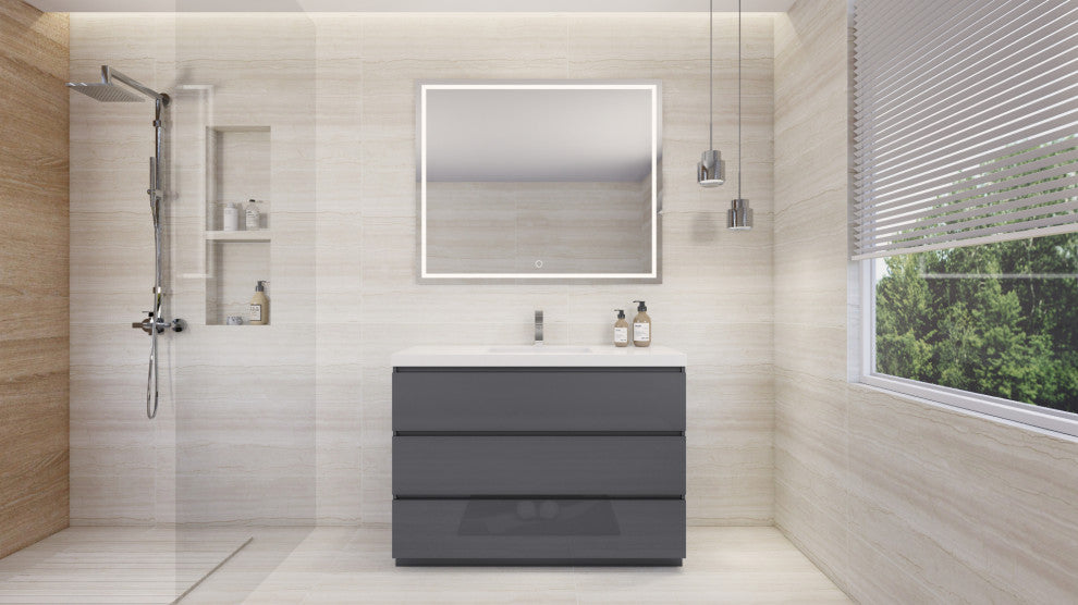 Alston 48" Free Standing Modern Vanity, High Gloss Gray, Glossy White Top
