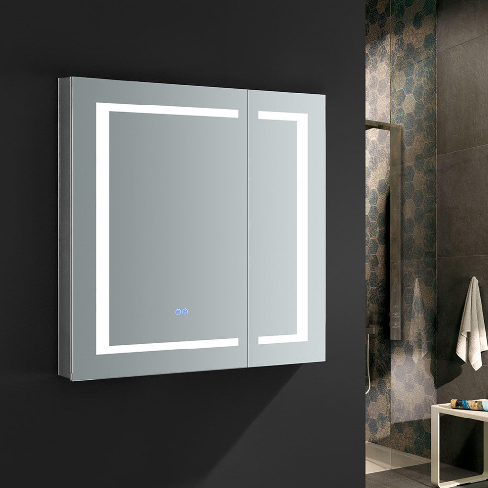 Spazio Bathroom Medicine Cabinet With LED Lighting and Defogger, 30"x30"