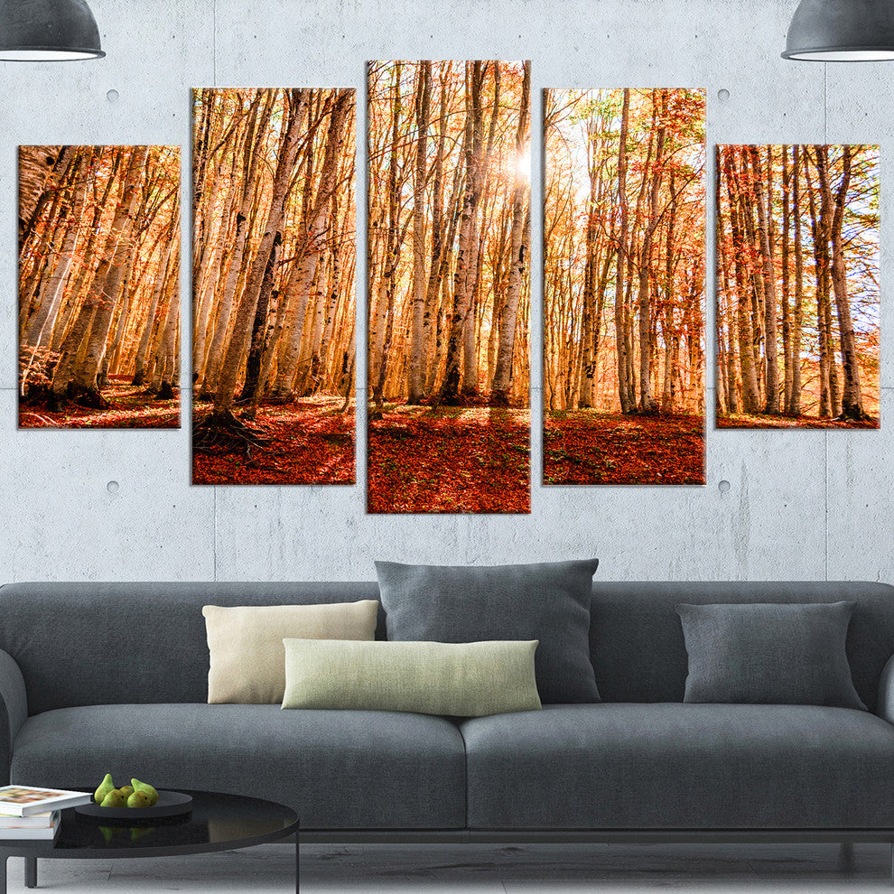 Bright Sun over Thick Fall Forest, Modern Forest Canvas Art, 60"x32", 5 Panels